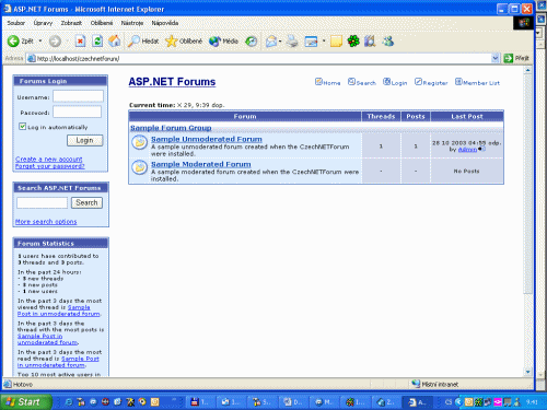 ASP.NET Forums - úvodní obrazovka