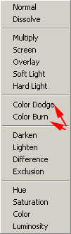 Color Burn a Color Dodge v menu režimu interakce vrstev