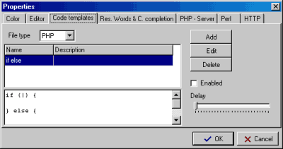 PHP Editor umožňuje vkládat šablony programových konstrukcí.